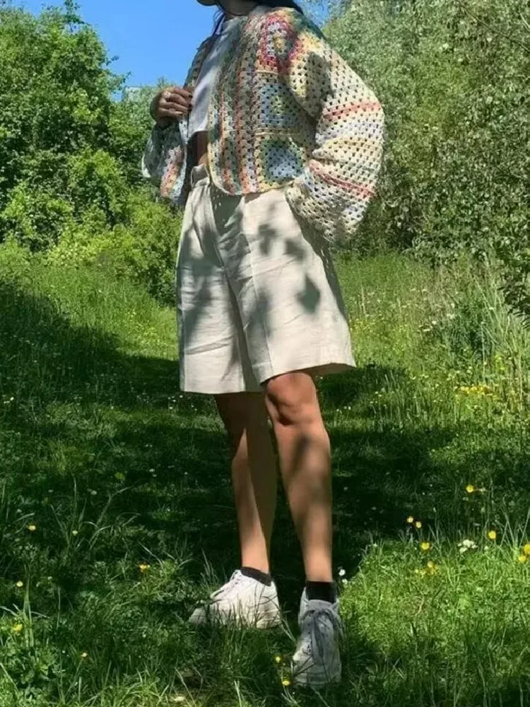 Boho Mix mehrfarbige Hand häkeln Strickjacke Vintage Frau kein Knopf offen Nähte Vollarm Pullover kurze Strick pullover