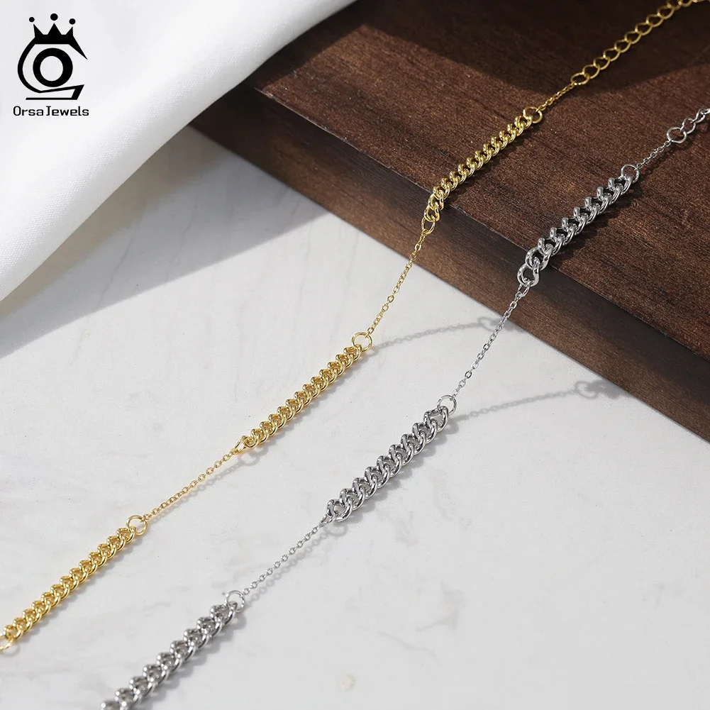 

ORSA JEWELS Genuine S925 Silver Cuban Curb Link Chain Bracelet for Women Chic Trendy Wrist Hand Jewelry Set GAB06