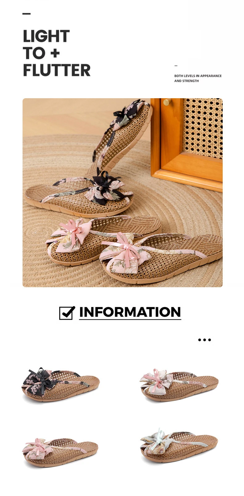 Rattan-Hausschuhe mit Fliege – niedliche Hausschuhe im koreanischen Stil, rutschfeste, atmungsaktive Innensandalen mit weicher Sohle für den Sommer – Detail 2
