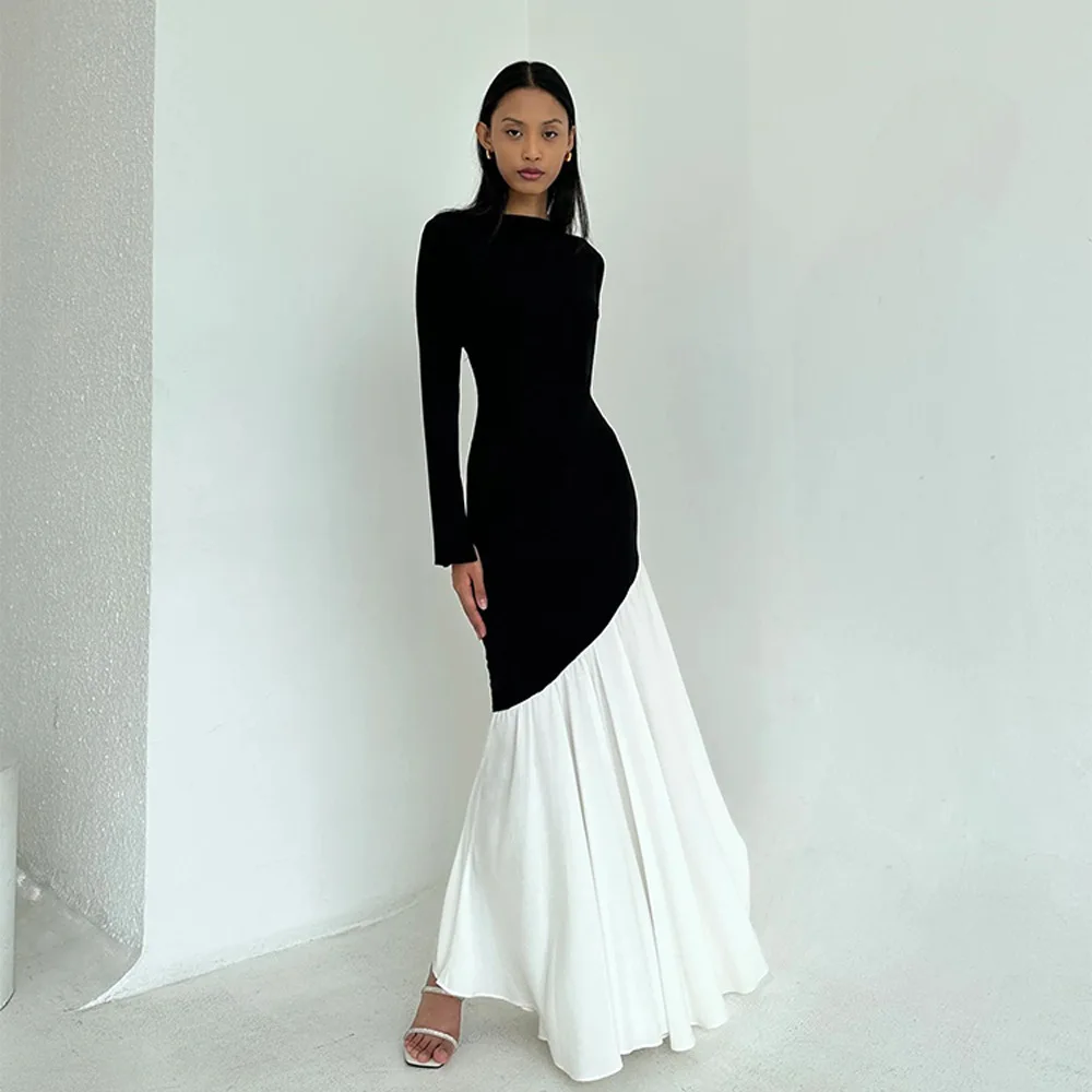 Elegant Women's Dress Long Sleeve Round Neck Contrast Pleated Midi Dresses Spring Summer