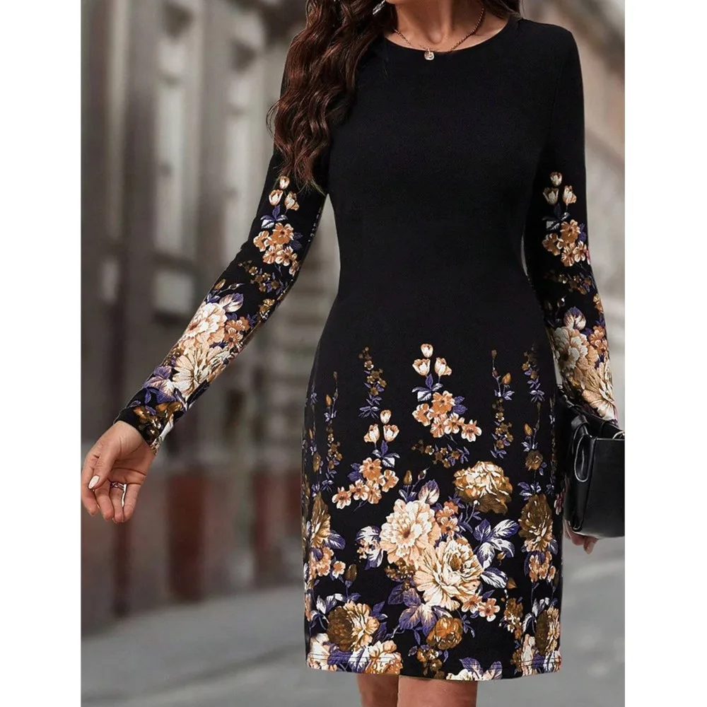 فستان بوهيمي قصير غير رسمي للنساء برقبة دائرية مطبوع عليه زهور فضفاض بأكمام طويلة تي شيرت فستان ملابس الشارع الشهير ЛТНЕЙ Жеыыыыы