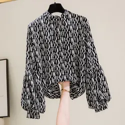 Black Striped Print Chiffon Stand Collar Lantern Sleeve Pullover Women's Blouse Shirt Casual Female Clothing Tops Fashion 2024