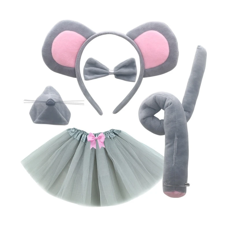 Mouse Ears and Headband Set para Crianças, Tail Bow Tie, Luvas de Nariz, Saia Tutu, Halloween, Natal, Animal Cosplay Costume