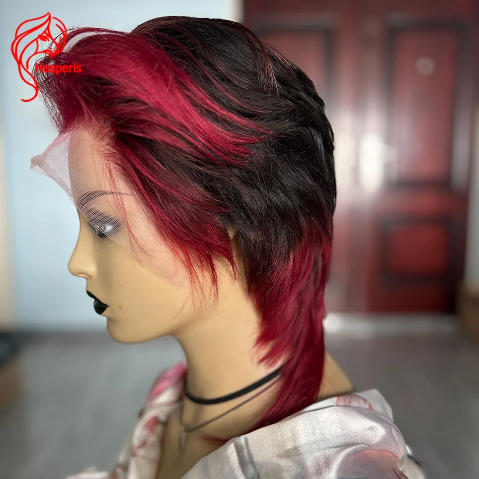 Hesperis Red 13x6 Lace Front Human Hair Wig Dovetail 99j Highlight Layered Mullet Wig Pixie Cut Model Length For Black Women