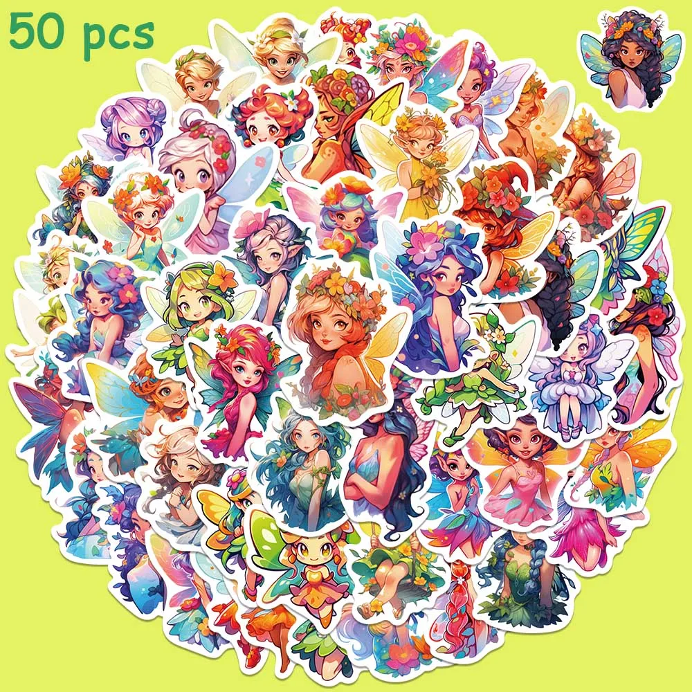 50pcs Flower Fairy Stickers Colorful Cartoon Princess Decals For Kids Laptop Luggage Skateboard Guitar Motorcycle Stickers