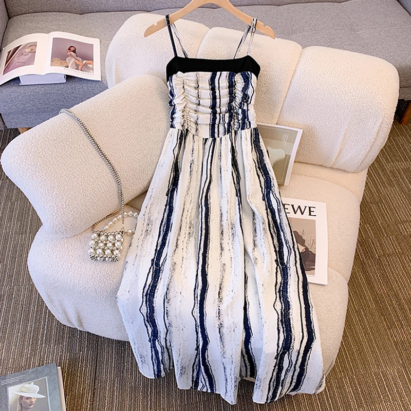 Women Stripe Long Sling Dresses Summer Female Boat Neck Sleeveless Large Size 4XL Elegant A Line Casual Polyester Pleat Vestidos