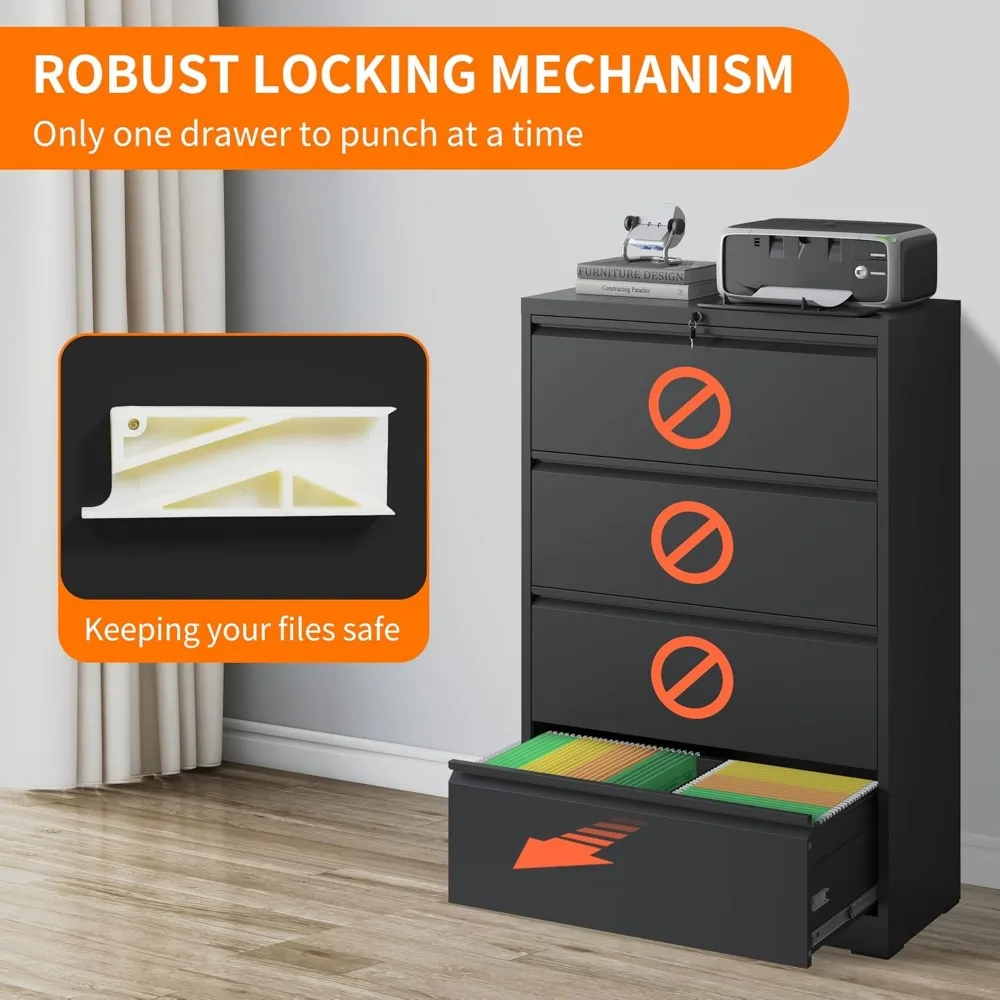 Drawer,Metal Office Storage Filing Cabinet with Lock,Black Lateral Filing Cabinet for Home Office,Horizontal Locking