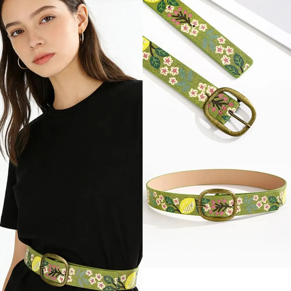 Antique Metal Buckle Canvas Waist Belt Pin Buckle Green Floral Design Decorative Waistband Cottagecore Print Adjustable