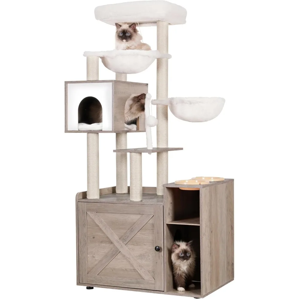 Cat Tree with Litter Box Enclosure, Modern Cat Tower for Indoor Cats with Large Platform, Condo Food Station and 2 Hammocks