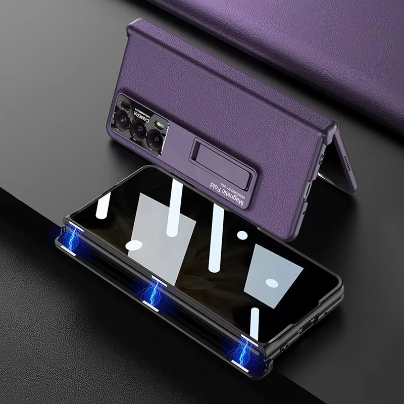 

Magnetic Hinge Plain Leather Case for Honor Magic V2 Case Outer Anti-peek Glass Protective Shockproof Stand Cover for Magic V2