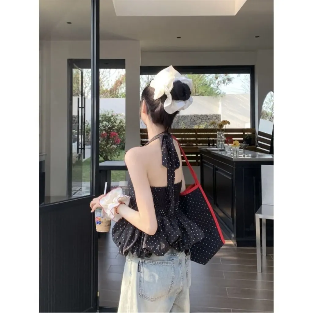 

Ruffled Black Polka Dot Halterneck Camisole Women's Slim Fit Sleeveless Top Hot Girl Outer Wear Design Summer Trend