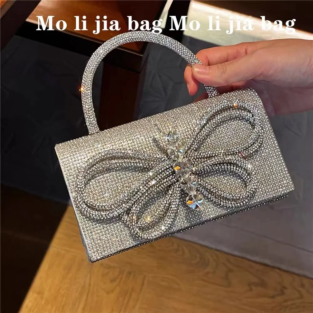 Luxury Glitter Bow Knot Square Bag Shiny Diamonds Evening Bag Women's Handbag Wedding Party Clutch Purse Shoulder Crossbody Bag