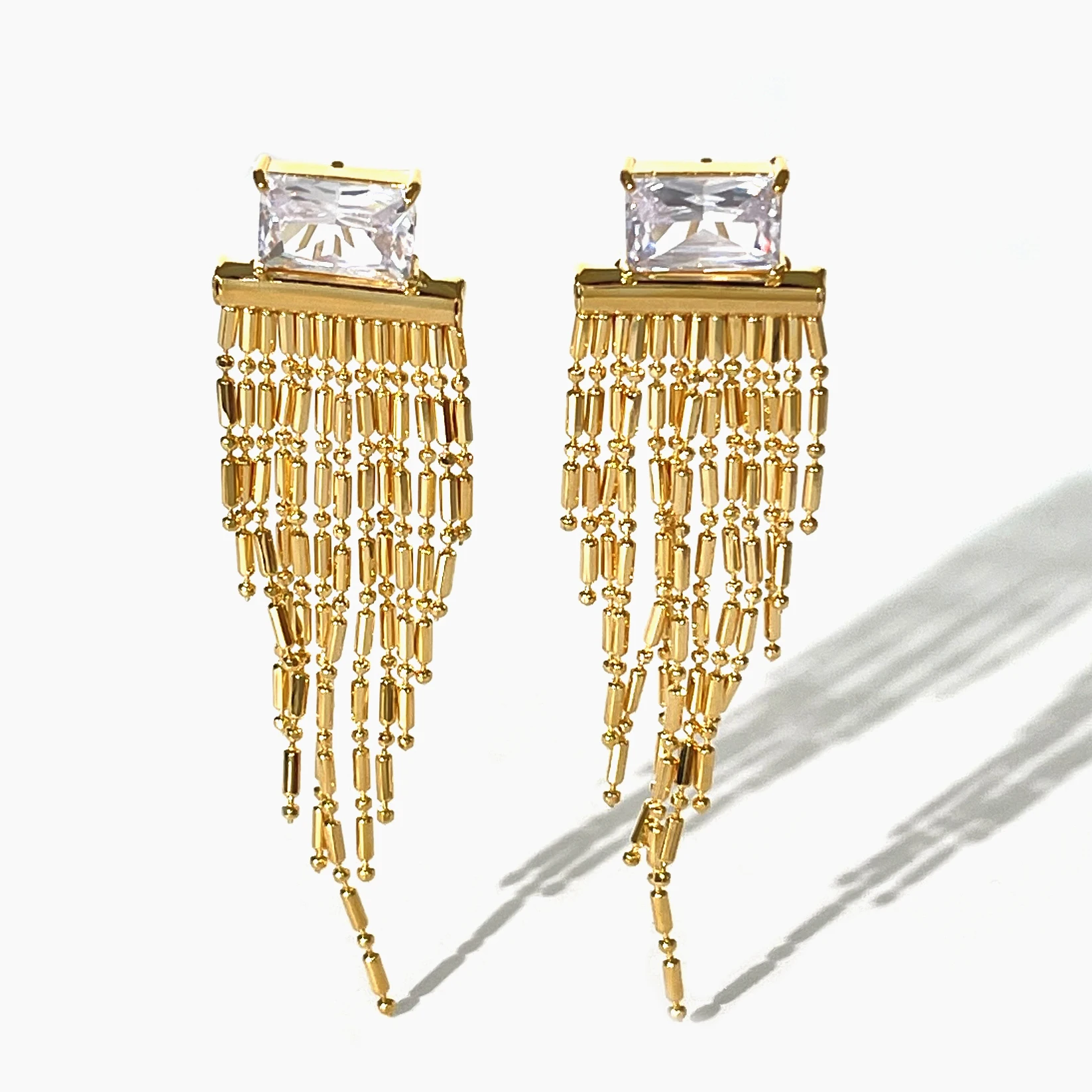 Peri'sbox Pretty AAA Rectangular Zircon Gold Plated Beaded Tassel Earrings Luxury Party Jewelry Long Drop Fringe Earrings Women