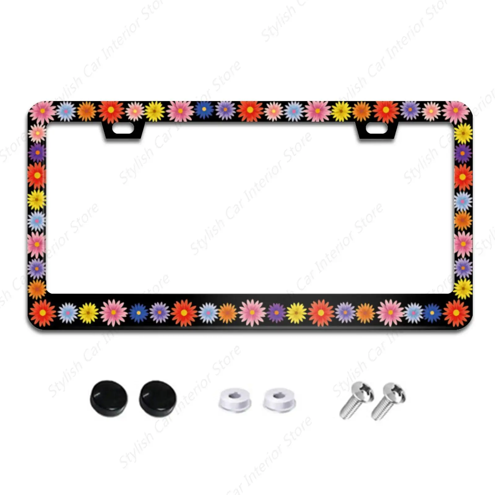 Colorful Flower Wreath License Plate Frame Floral License Plate Frames Aluminum Car Accessories Cover with 2 Holes and Screws