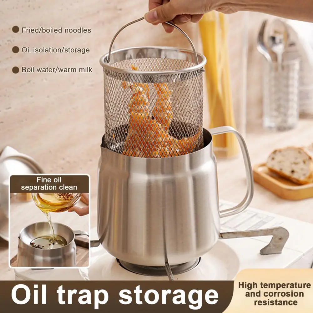 1500/2000ML Oil Filter Can Stainless Steel Pot Oil Filter Vessel Fryer Pan with Fine Mesh Bacon Grease Container Kitchen Cooking