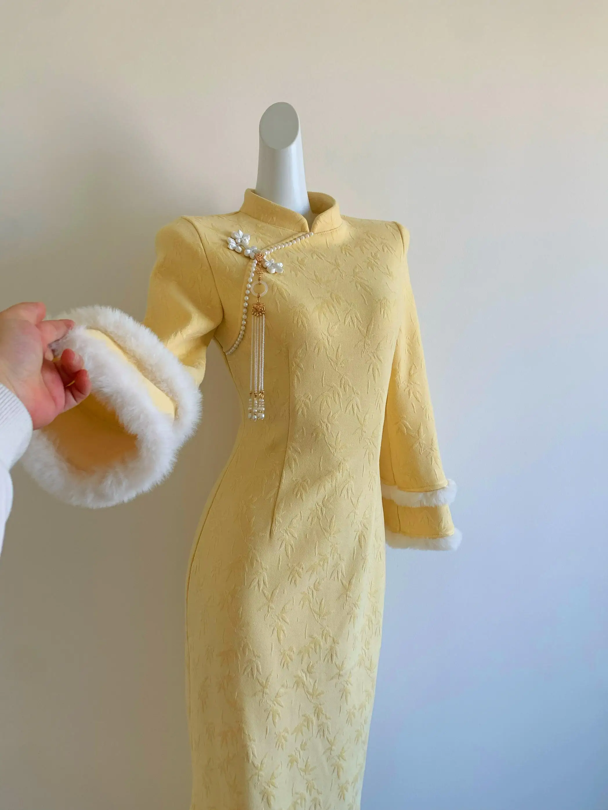 

Теплый традиционный китайский костюм для девочек, цвета гусиного пера, с длинными рукавами, средней длины, для повседневной носки