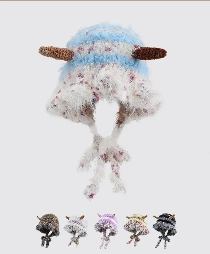 

Small animal plush hat, ear protection, handmade knitted cartoon big head circumference, bag head hat average size (55-59cm)