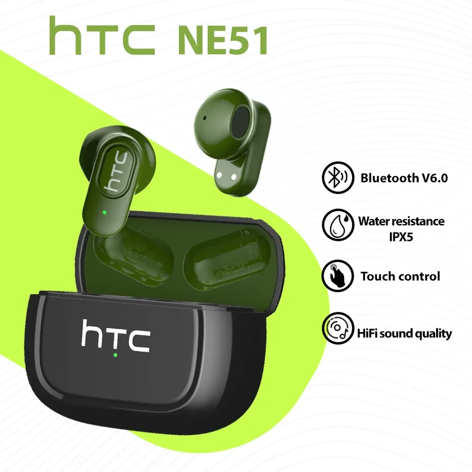  HTC NE51 Bluetooth Earphones TWS Mini EarBuds Sports Wireless Headphones Smart Noise Reduction Earbuds Green Black 