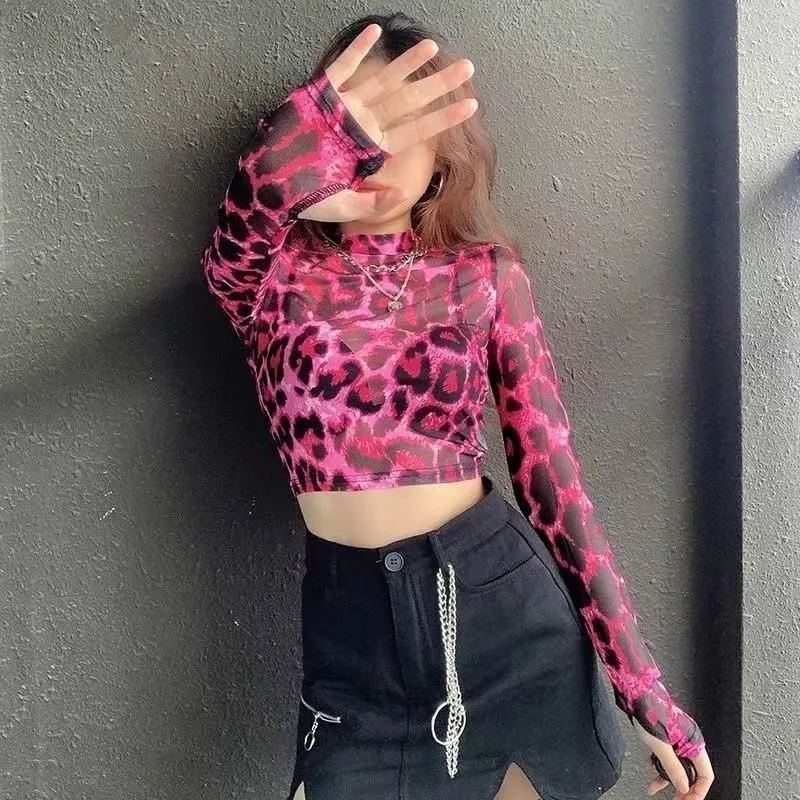 

Top Women's Streetwear Crop Top Leopard Print T-Shirt Long Sleeve Cropped Comfortable Minimalist Casual Niche Versatile Premium