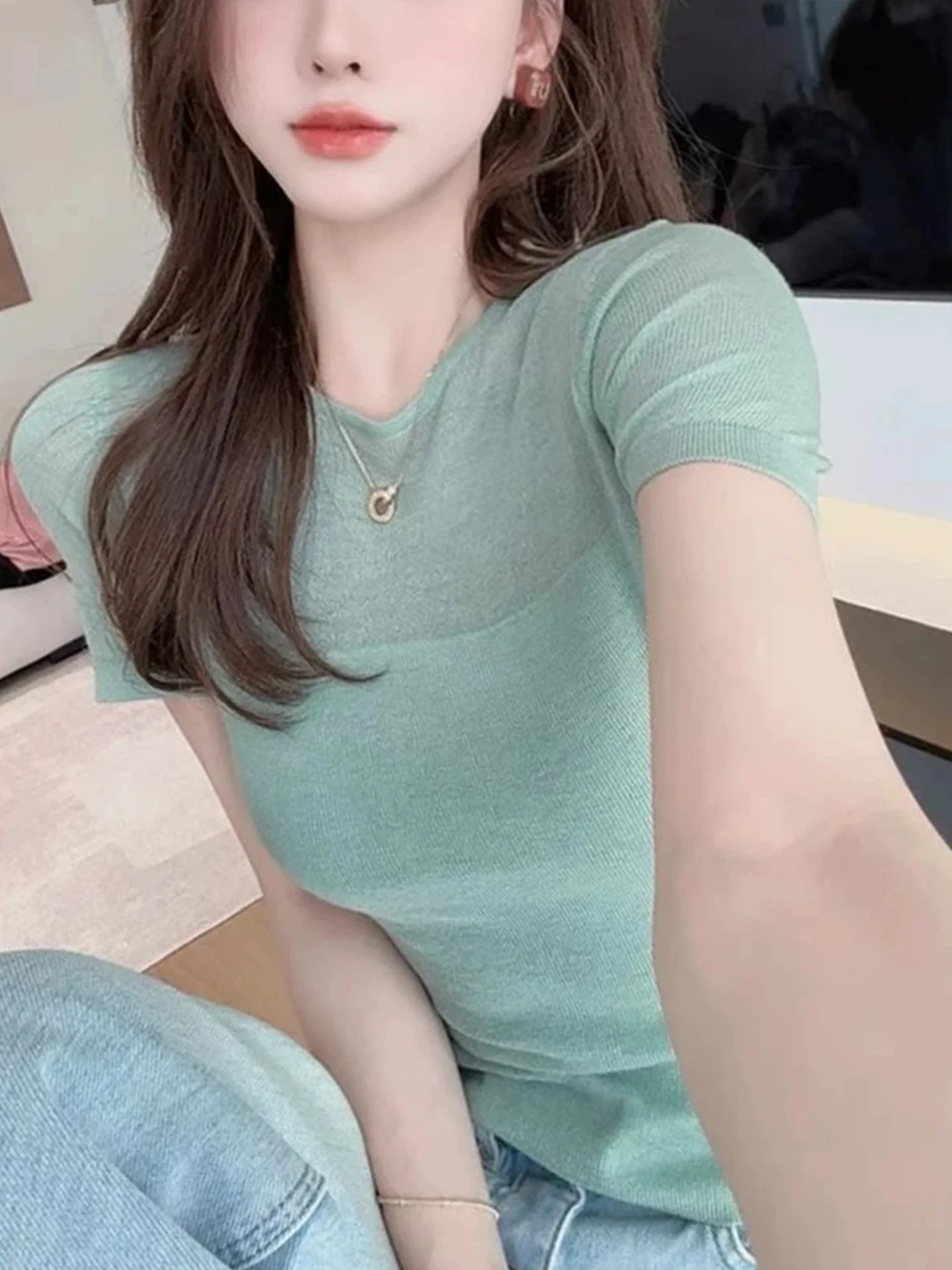 

Slimming Effect Knitted Top Women's Casual ort Sve Overhead Summer Faionable Color Versatile Commute Sle