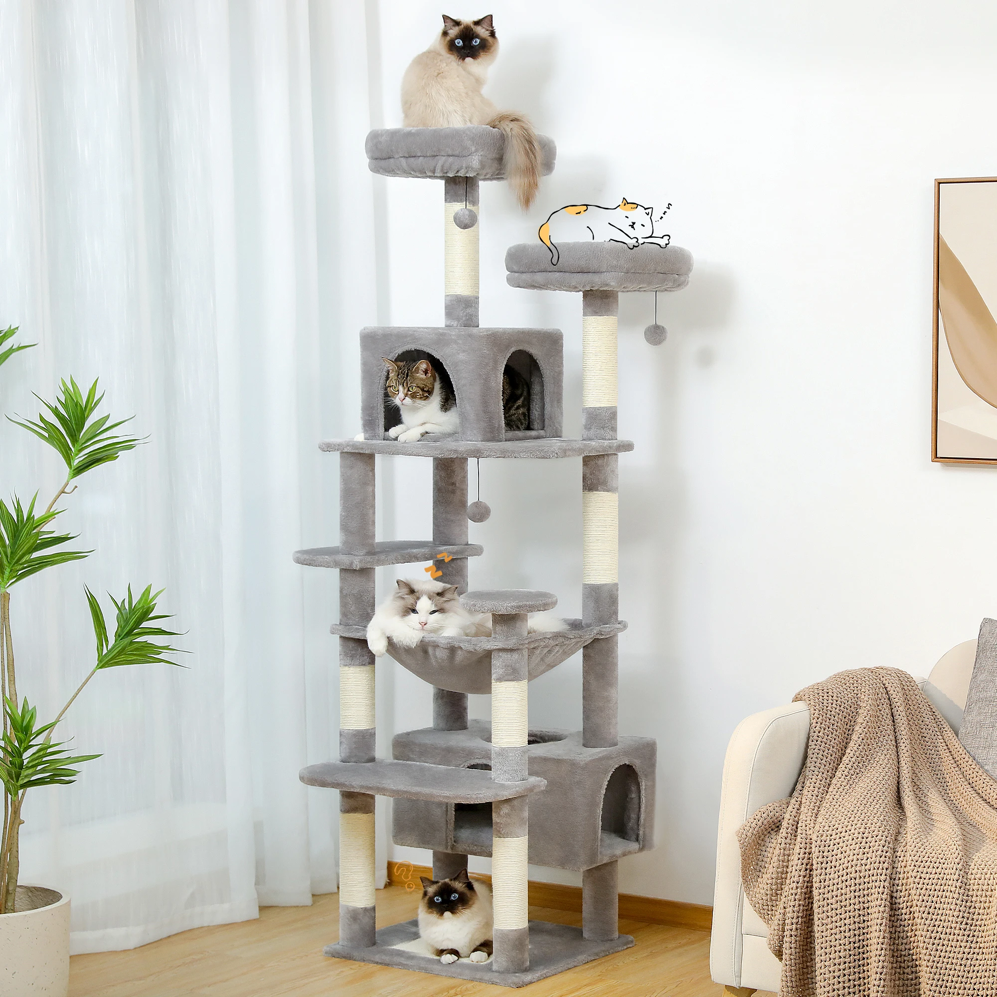 Imagem -02 - Árvore de Gato de Vários Níveis Torre de Gato de Luxo com Rede Condomínios para Gatos com Poste de Arranhar Acessórios para Gatos Brinquedo para Gatos