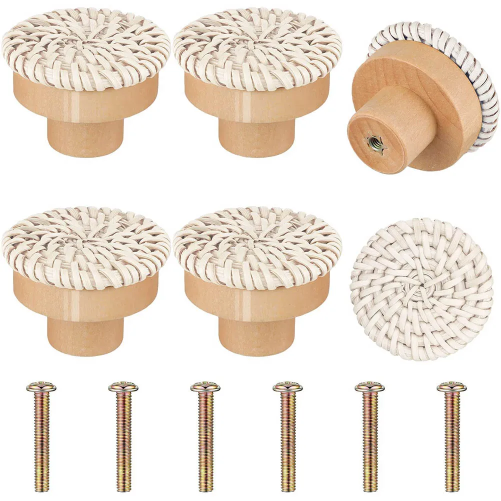 

Round Wood Drawer Knobs Woven Boho Rattan Chest of Drawers Handmade ​Wicker Screws for Boho Furniture Knobs