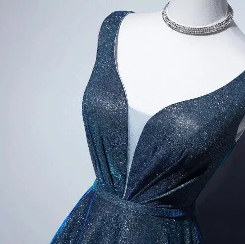 Novo pavão estrelado azul vestidos de baile a linha v pescoço lantejoulas sem mangas longo tule formal banquete reunião anual noite vestido 2021