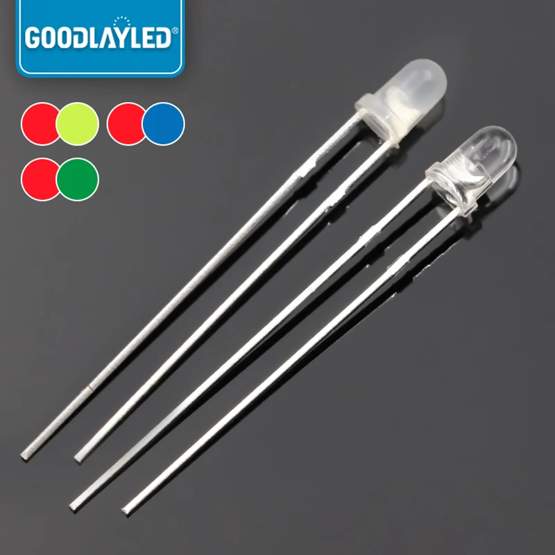 1000PCS F3mm 2-PIN Bicolor Diffused RED Blue GREEN Nonpolar Transparent DIP LED Light-Emitting Diode