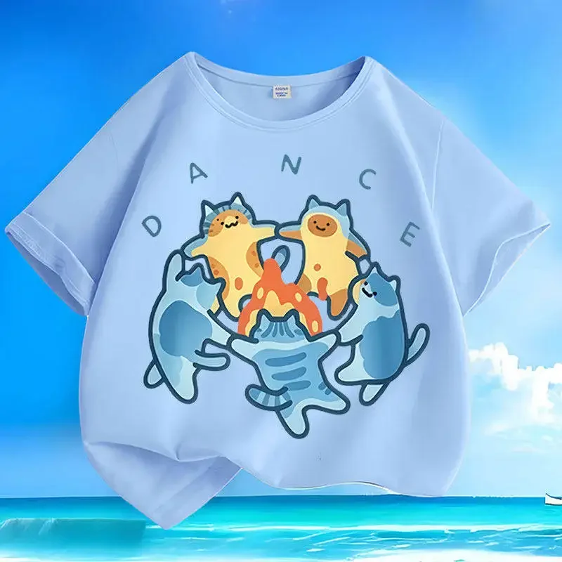 Cotton Summer Cartoon Bonfire Cat Short Sleeve Boy's and Girl's Small and Medium Children's Round Neck Casual Parent Child Top