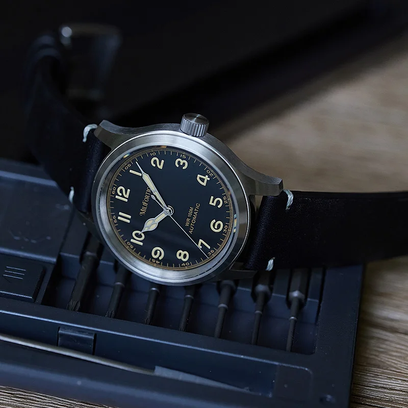 Relógios de campo milifortico m059 militar 39mm automático 100m à prova de relógio cristal safira luminoso couro homenagem relógios de pulso