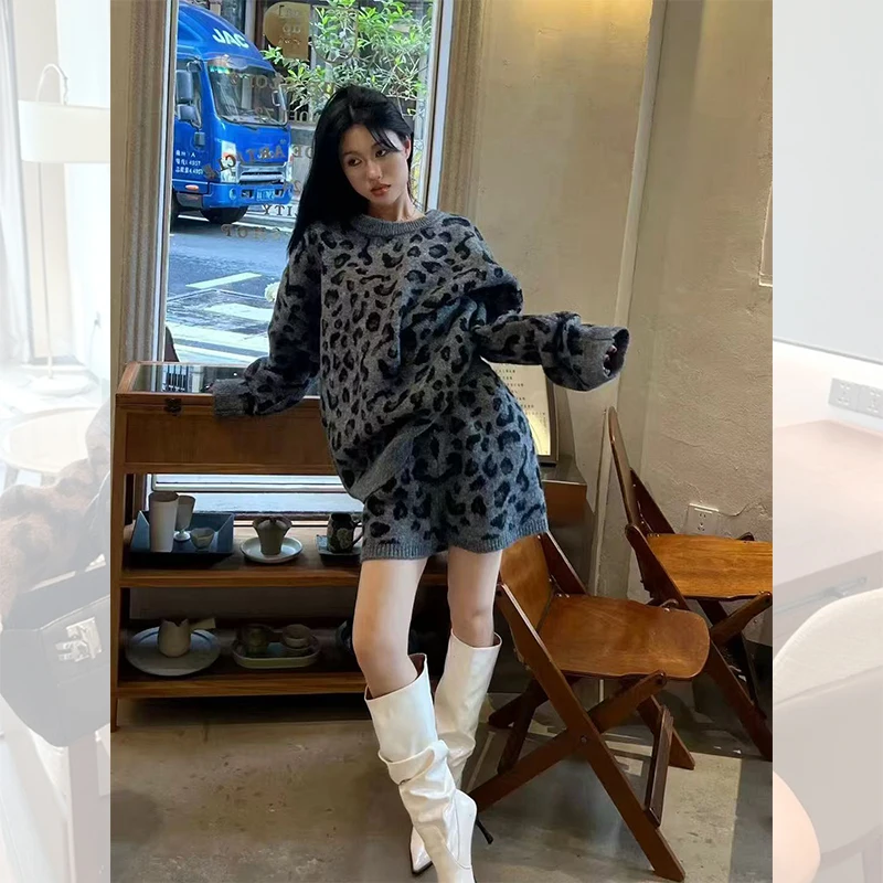 2PCS Chic Leopard Print Sweater Set Women Fall Winter Brown Knit Top & Shorts Two-Piece Stylish Cozy Loungewear Petite-Friendly