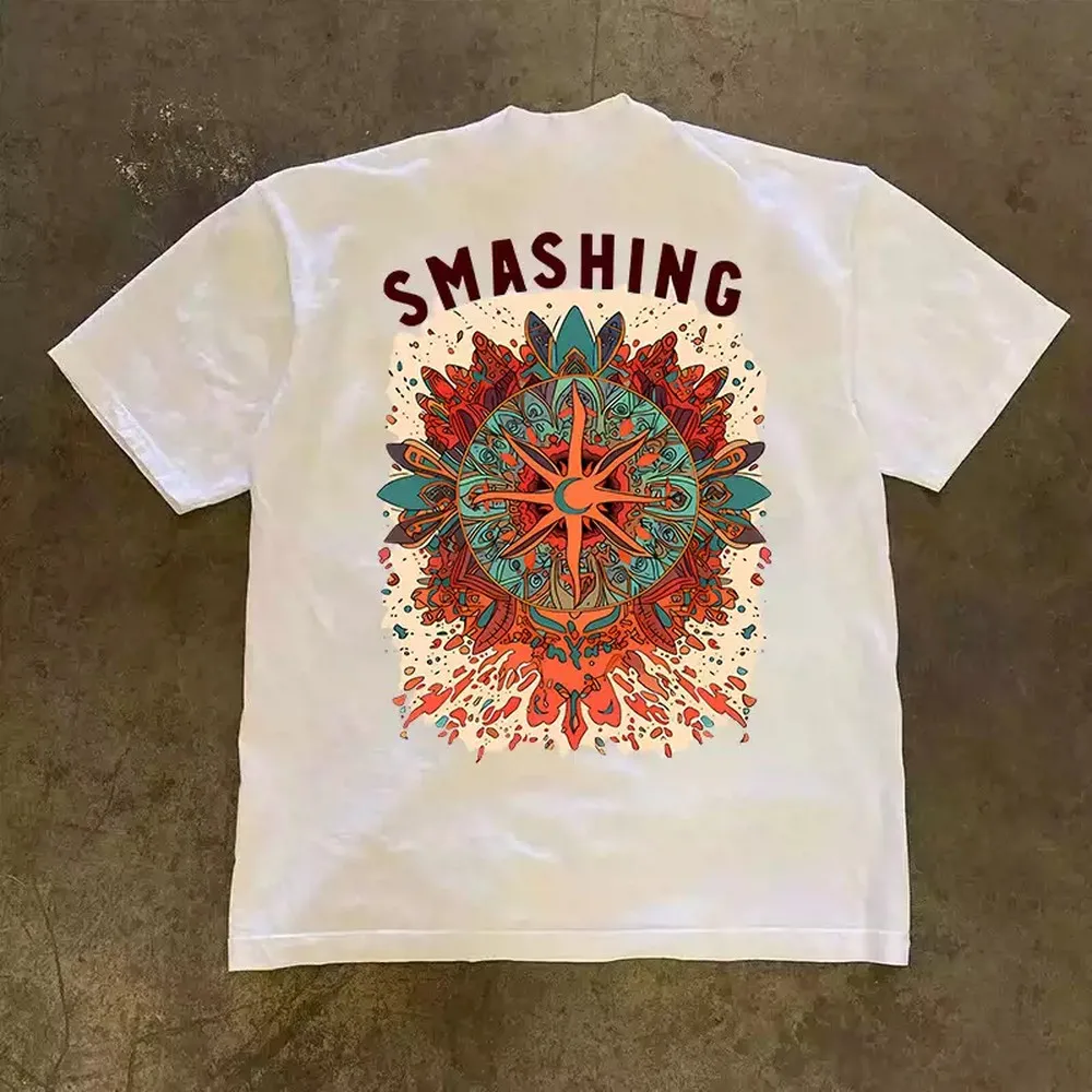 Camiseta Unisex de Algodón Holgado de Manga Corta Estilo Boho Psicodélico Streetwear con Estampado de Póster de Mandala y Brújula en la Espalda, Inspirada en la Banda de Rock Alternativo Clásica de los 90, Smashing Pumpkins, Estilo Vintage Bootleg, Tallas S-3XL, Regalo de Coleccionista para Fans del Rock