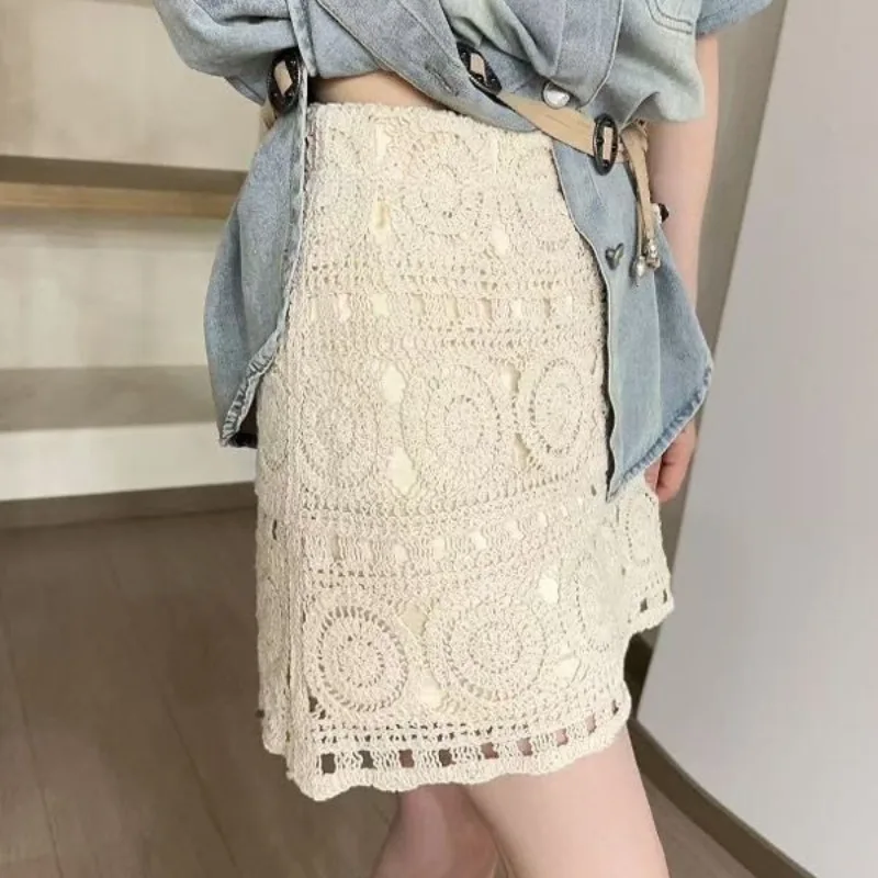 Women's 2026 Summer Crochet Hollow High Waist Lace A-Line Mini Skirt Slimming Chic Coquette Skort Streetwear Sweet Hot Girl