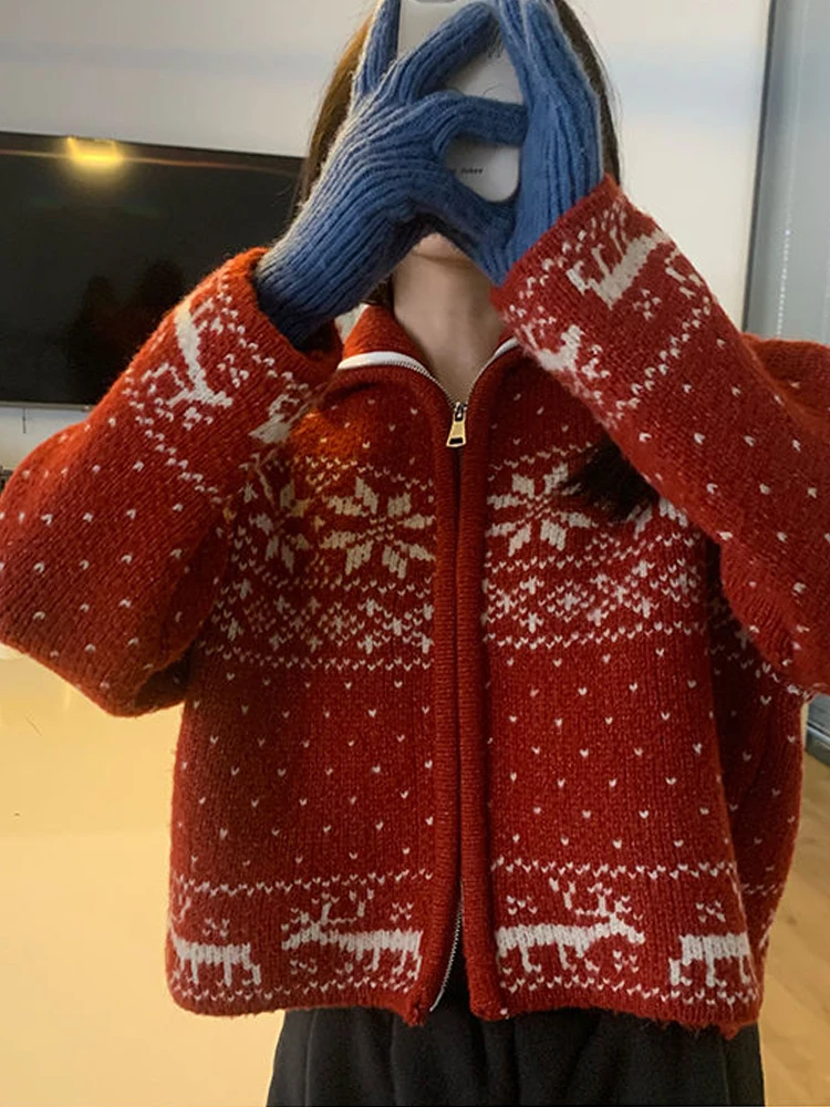 Śnieżynka sweter z dzianiny kobiety japoński Vintage Harajuku krótki kardigan kobiety jesień zima na co dzień dzianina z zamkiem błyskawicznym i
