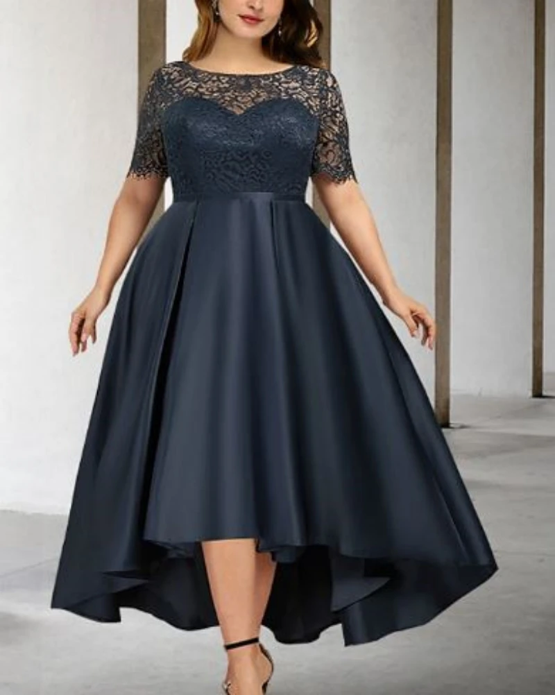 A-Line Asymmetrical Satin Hide Belly Curve Elegant Short Sleeve Jewel Neck Pleats Mother of the Bride Dresses