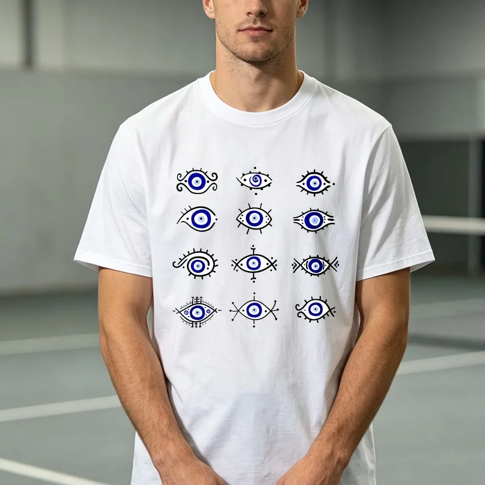 Line Art Evil Eye Cotton T‑Shirt Casual Unisex Tee Mystical Bohemian Streetwear Summer Short‑Sleeve Tops Spiritual Charm Apparel