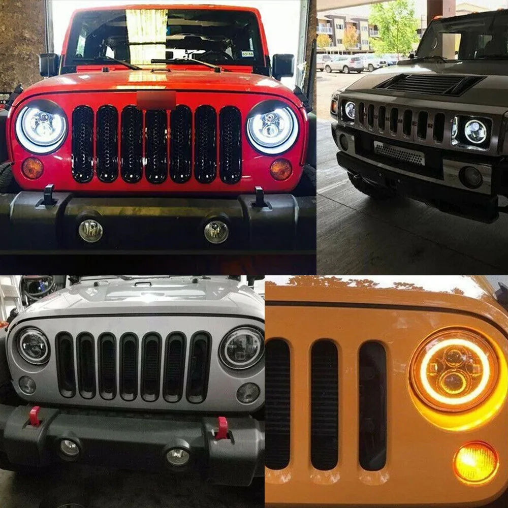 2Pcs 7 Inch Round LED Headlights with Halo Angel Eyes DRL for Jeep Wrangler Hummer Ford Suzuki