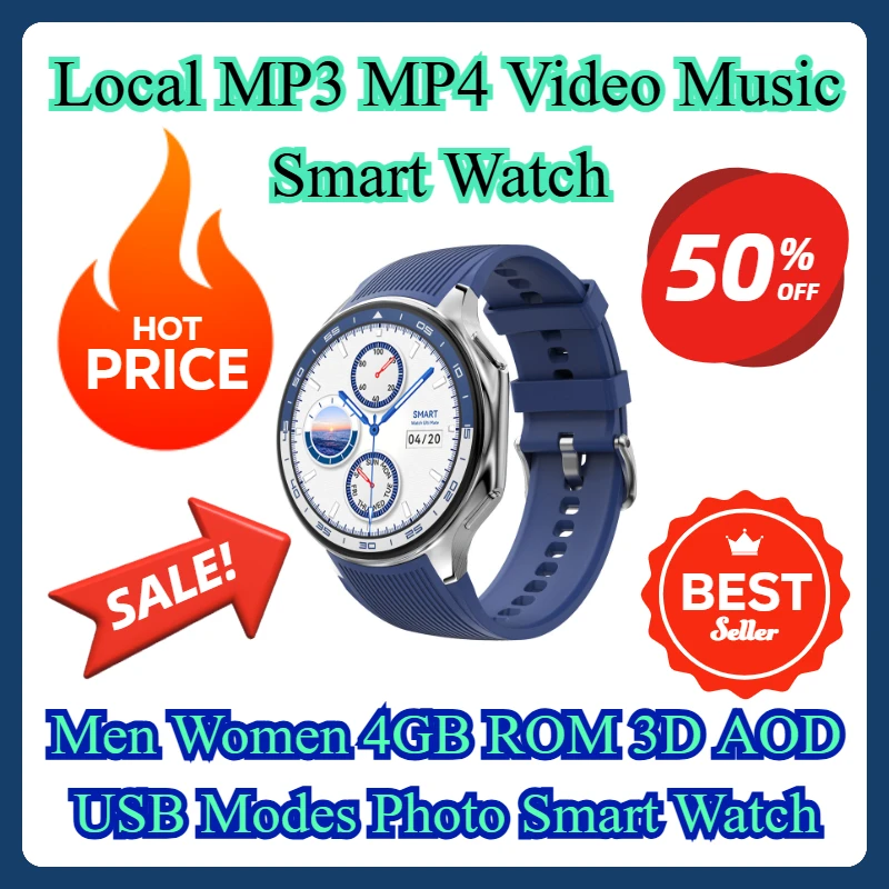 

Local MP3 MP4 Video Music Smart Watch Men Women 4GB ROM 3D AOD USB Modes Photo Smart Watch