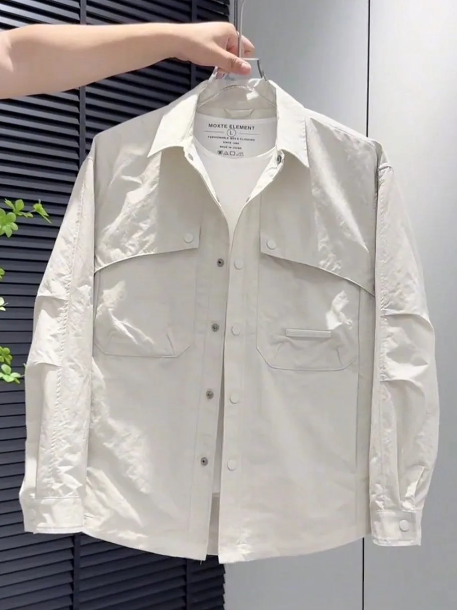 

Весенне-осенний новый простой однотонный джарет с лацканами, мужской дизайн, модная свободная повседневная рабочая одежда, уличная полиэфирная ткань