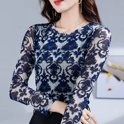 M-4XL Autumn New Long Sleeved O-Neck T-Shirt Tops Fashionable Luxury Retro Mesh Tees High Stretch Tees Printed Women's Clothes