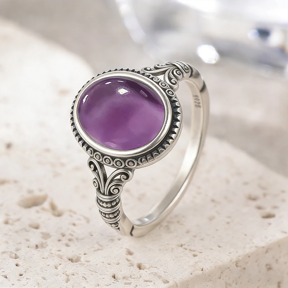 

Vintage 925 Sterling Silver Amethyst Rings 8*10MM Oval Skeleton Butterfly Shape Natural Stone Rings Fine Jewelry Gifts For Women