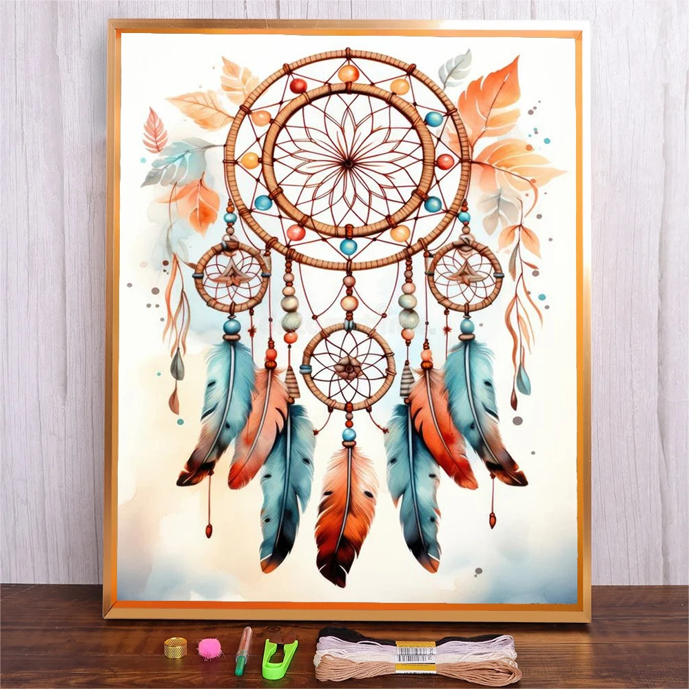 

14CT 11CT Dream Catcher Printed On Canvas Cross Stitch DIY Set Cartoon Feather Pattern Kit Home Needlework DMC Thread Embroidery