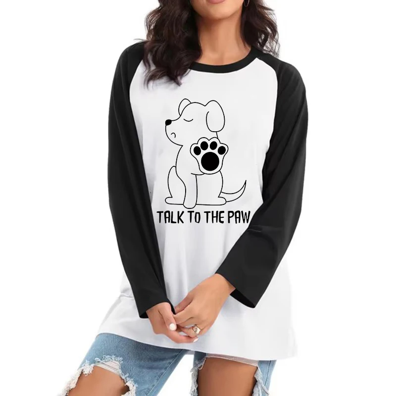 Women's Drawstring Paw Print T Shirt Long Sleeve Casual Tshirt Funny Talk To The Paw Dog Design Tee Tops Graphic T-shirt Clothes