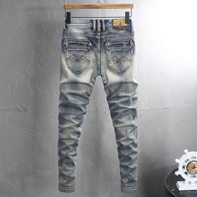 Italian Style Fashion Men Jeans High Quality Retro Washed Blue Stretch Slim Fit Ripped Jeans Men Vintage Designer Denim Pants