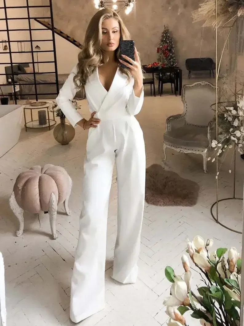 Lady Fashion Solid Color V Neck Tight Formal Office Jumpsuit Women Loose Long Sleeve Wide Leg Pants Elegant Rompers Jumpsuits