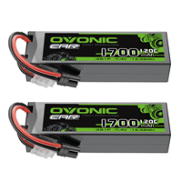 OVONIC 1700mAh 120C 7.4V Lipo Battery with IEC Plug for 2S RC Vehicle 1/10 Scale RC Car Truck（2Packs）