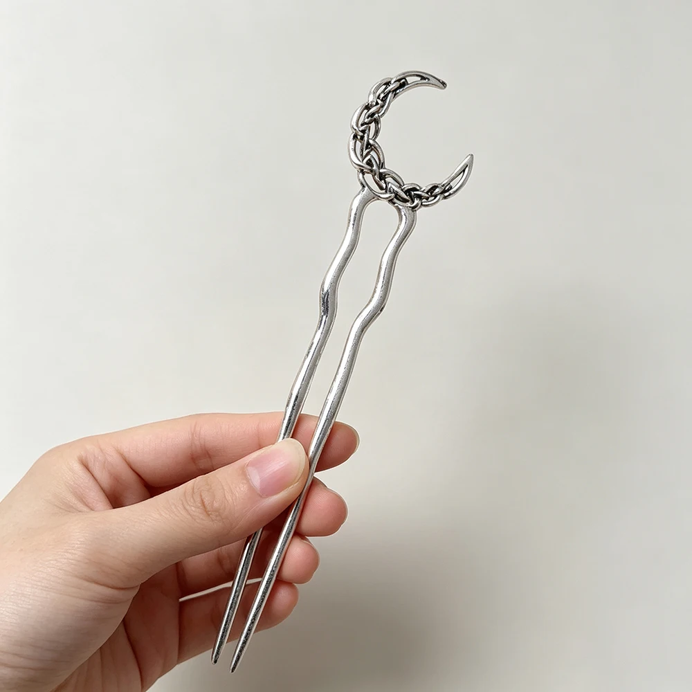 1pc Vintage Silver Chain Crescent Moon Hair Fork Gothic Double Prong Hairpin Wicca Witchy Hairstyle Hair Accessories for Women