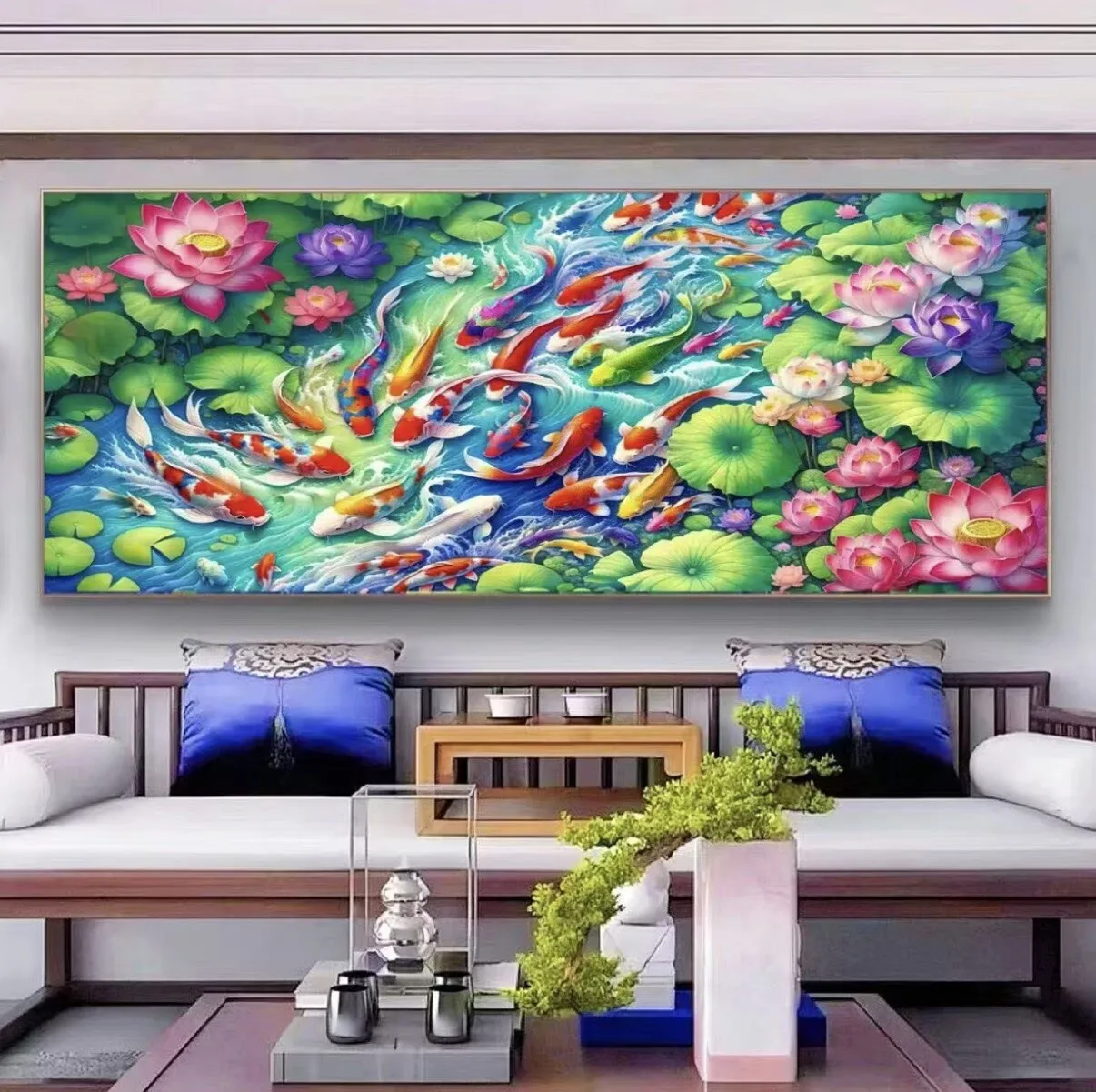 

9CT 14CT Fishes Lotus Printed Kits Cross Stitch Embroidery DIY Needlework Set Home Decor Crafts With Needles Threads