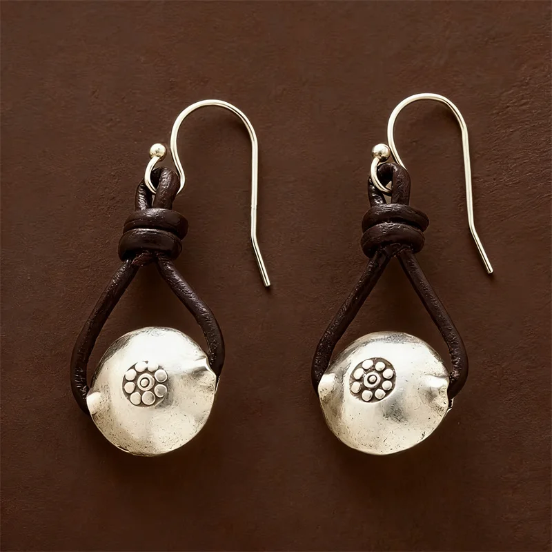 Vintage Silver Color Round Carving Pattern Earrings Ethnic Leather Wrapping Dangle Earrings for Women Jewelry