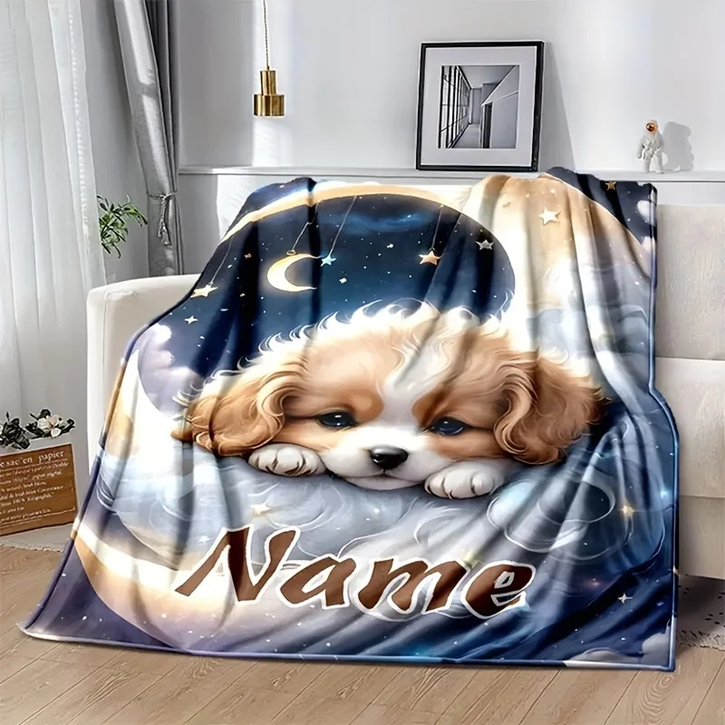 Personalized Puppy Blanket Cute Dog Night Sky Moon Stars Custom Name Soft Fleece Throw Gift For Kids Room Decor